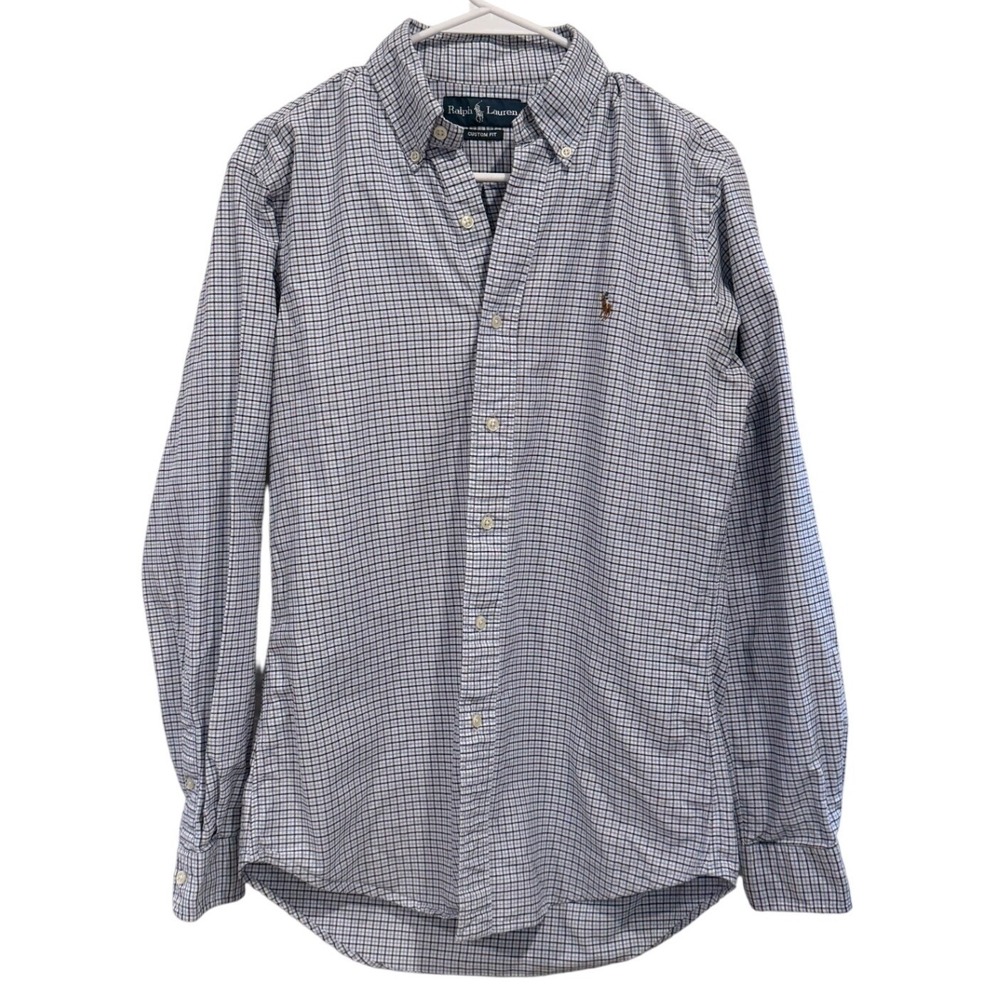 Ralph Lauren Custom Fit Button Down Shirt Mens Small Blue White Plaid Preppy